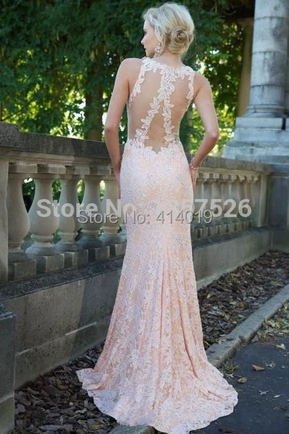 Abendkleider Top Fashion 2015 Vintage Prom Dresses Sexy Sheath V Neck Court Train Lace Applique Sheer Back Evening Ss53_bridalk | Свадьбы и