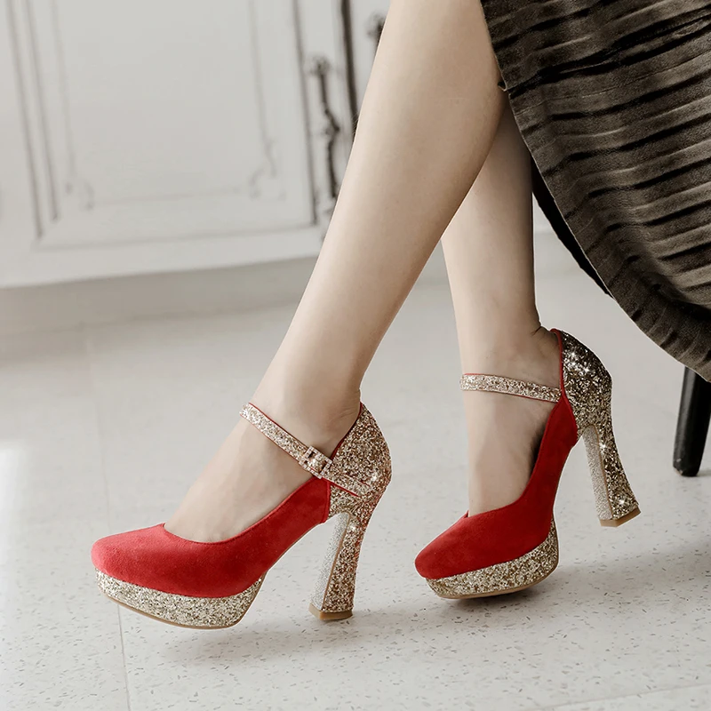 

WETKISS Mary Janes Pumps Women Flock Platform Pumps Square Toe High Heels Shoes Female Wedding Bling Shoes Ladies Autumn 2019
