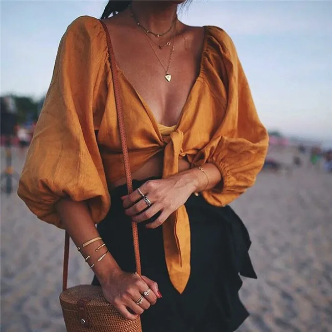 

Vintage Sexy Women Blouse And Shirts V-neck Solid Short Lady Vacation Holiday Beach Shirts Outwear Shirts Tops
