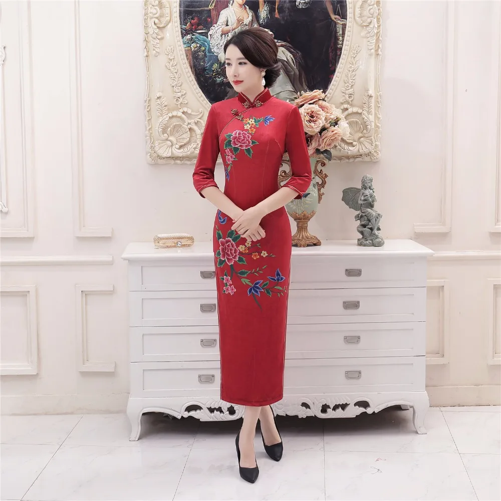 Бархатное платье Ципао с цветочным принтом рукавом 3/4|dress for|dress for autumndress oriental |