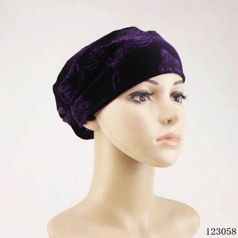 

Fashionable muslim hijab caps Winter warm Golden velvet embossed Muslim hats women turban wholesale/dropshipping 123054
