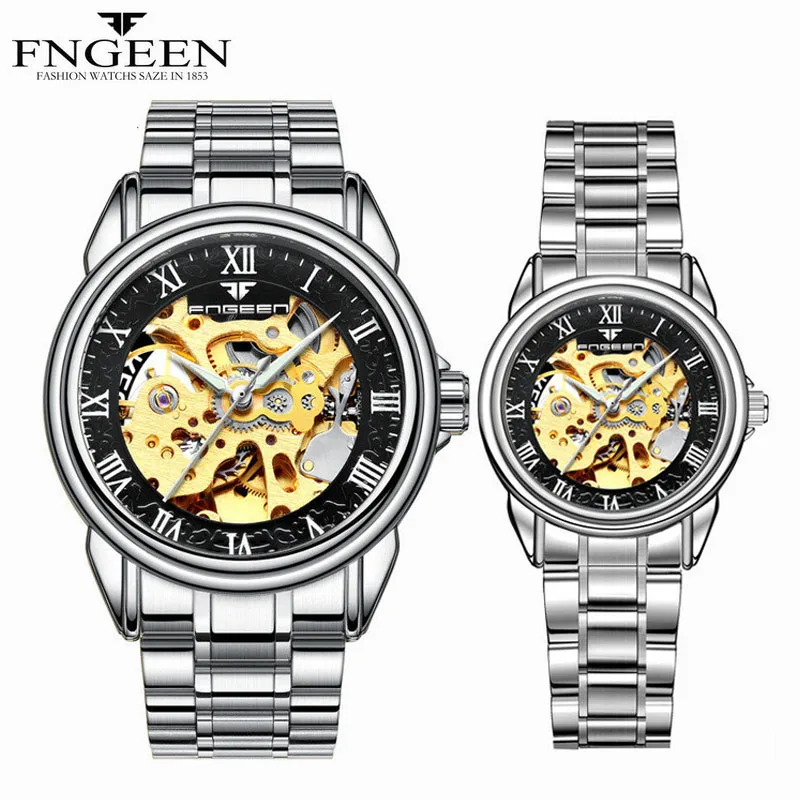 Couple Silver Black Парные часы Лидирующий бренд стальные механические наручные часы для мужчин и женщин Orologio Uomo Tourbillon Skeleton Relogio Feminino Saats - Цвет: Couple Silver Black