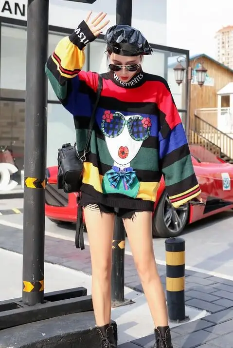 

Featured English Embroidery Sequins High Collar Contrast Color Striped Puff Sleeve Loose Large Size Hip Hop Knitwear Wom