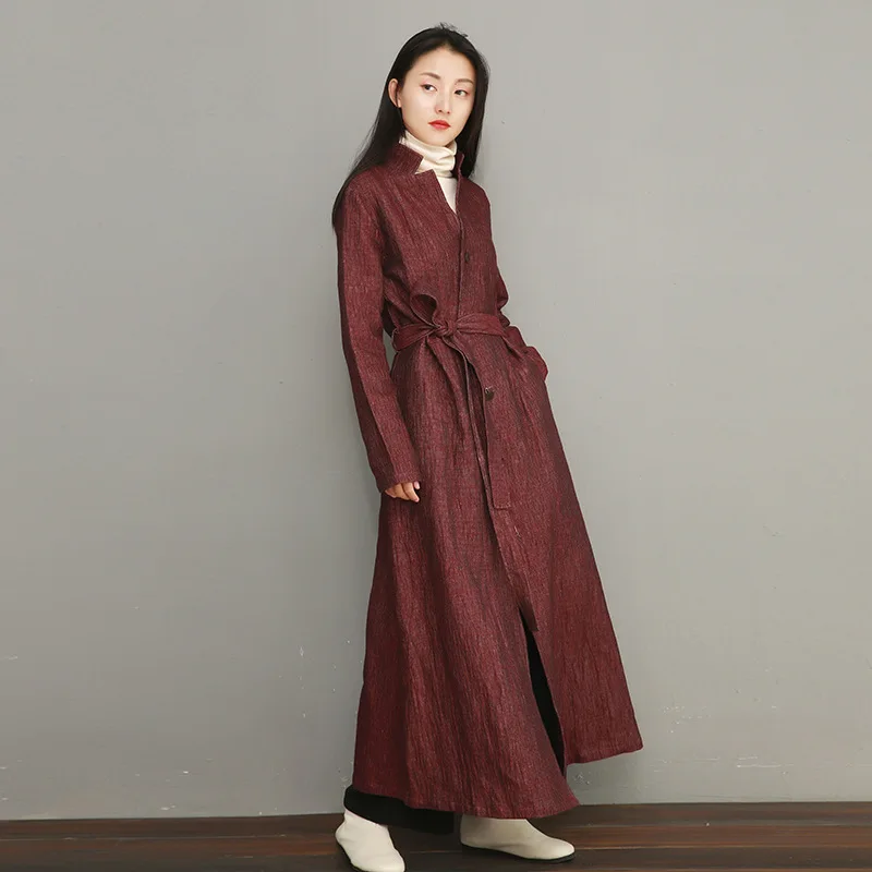 wine red NINI WONDERLAND,, весенний тонкий Тренч, женское одноцветное модное длинное пальто, женская льняная хлопковая верхняя одежда на осень с поясом - Цвет: wine red