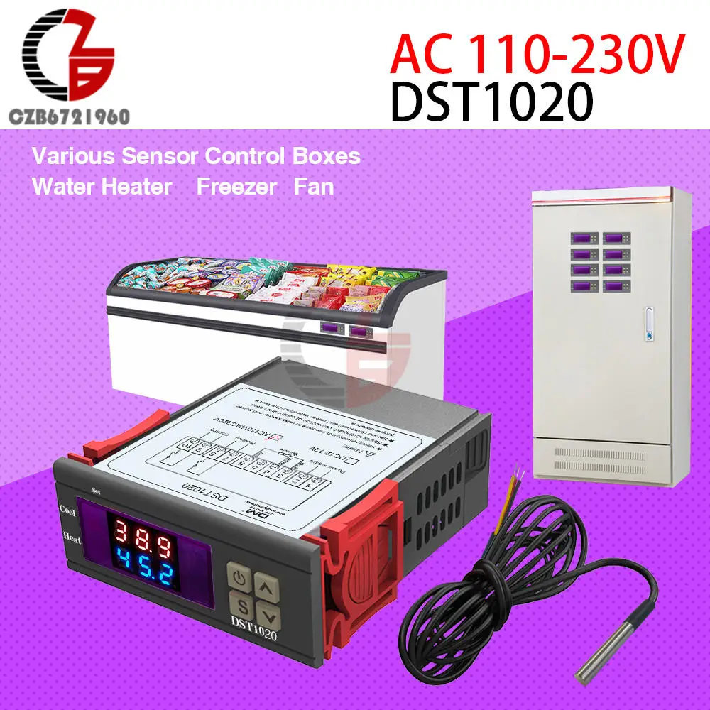 DST1020 AC 110V-230V 2-канальный светодиодный термостат с двойным выходом, цифровой регулятор температуры, переменный ток, 110 В, 220 В, постоянный ток, 12 В, инкубатор, Датчик нагрева и охлаждения, термометр - Цвет: DST1020 AC 110V-230V