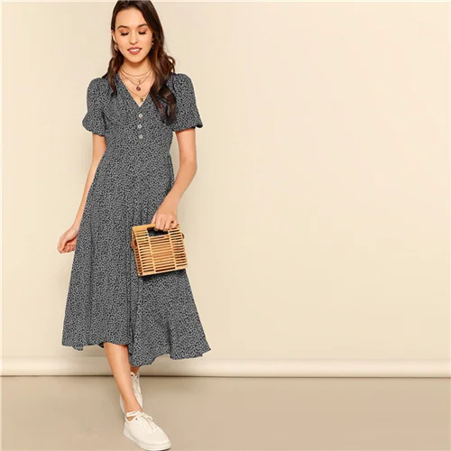Black and White SHEIN модное женское платье с v-образным вырезом и пуговицами спереди,, шикарное летнее бордовое ТРАПЕЦИЕВИДНОЕ ПЛАТЬЕ С Коротким Рукавом и расклешенными рукавами - Цвет: Black and White