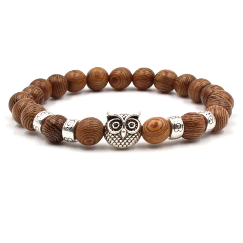 

HOBBORN Trendy 8mm Natural Stone Bracelet Women Men Lava Stone Colorful Weathered Onxy Owl Head Strand Beads Bracelets Jewelry