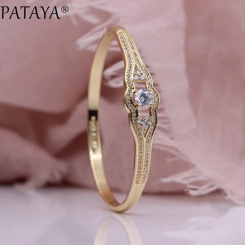 PATAYA Новые Роскошные полые браслеты микро-воск инкрустация круглый натуральный циркон модные ювелирные изделия 585 розовое золото Свадебный благородный тонкий браслет