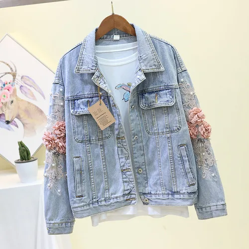 light blue coat Neploe Spring Women Fashion Denim Jacket Embroidery Beading Flowers Short Jackets Coat Woman Long Sleeve Jean Jacket 90199 - Цвет: light blue coat