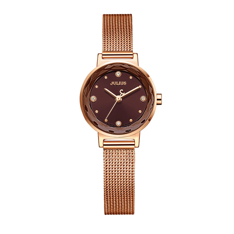 Rose Gold Coffee Julius бренд для женщин кварцевые наручные часы розовое золото Дамы нержавеющая сталь сетки браслет часы Женское платье Relogio Feminino - Цвет: Rose Gold Coffee
