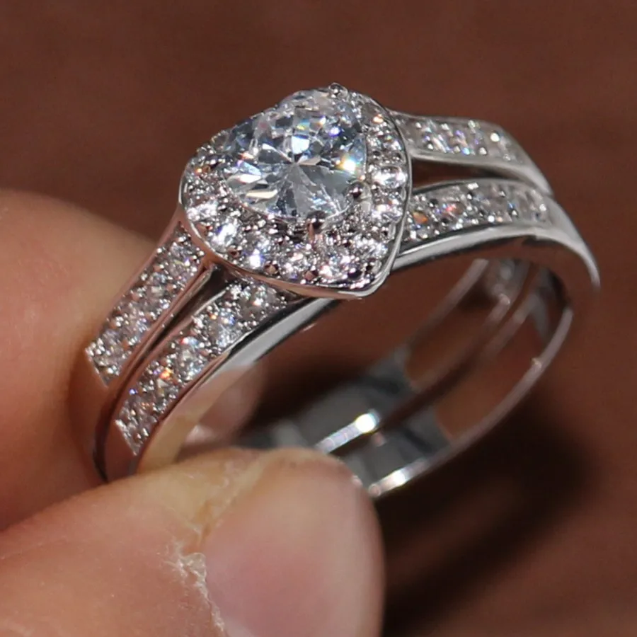 Женское кольцо с фианитом 10KT подарочное сердцем из белого золота 5 А 50%|ring set|heart
