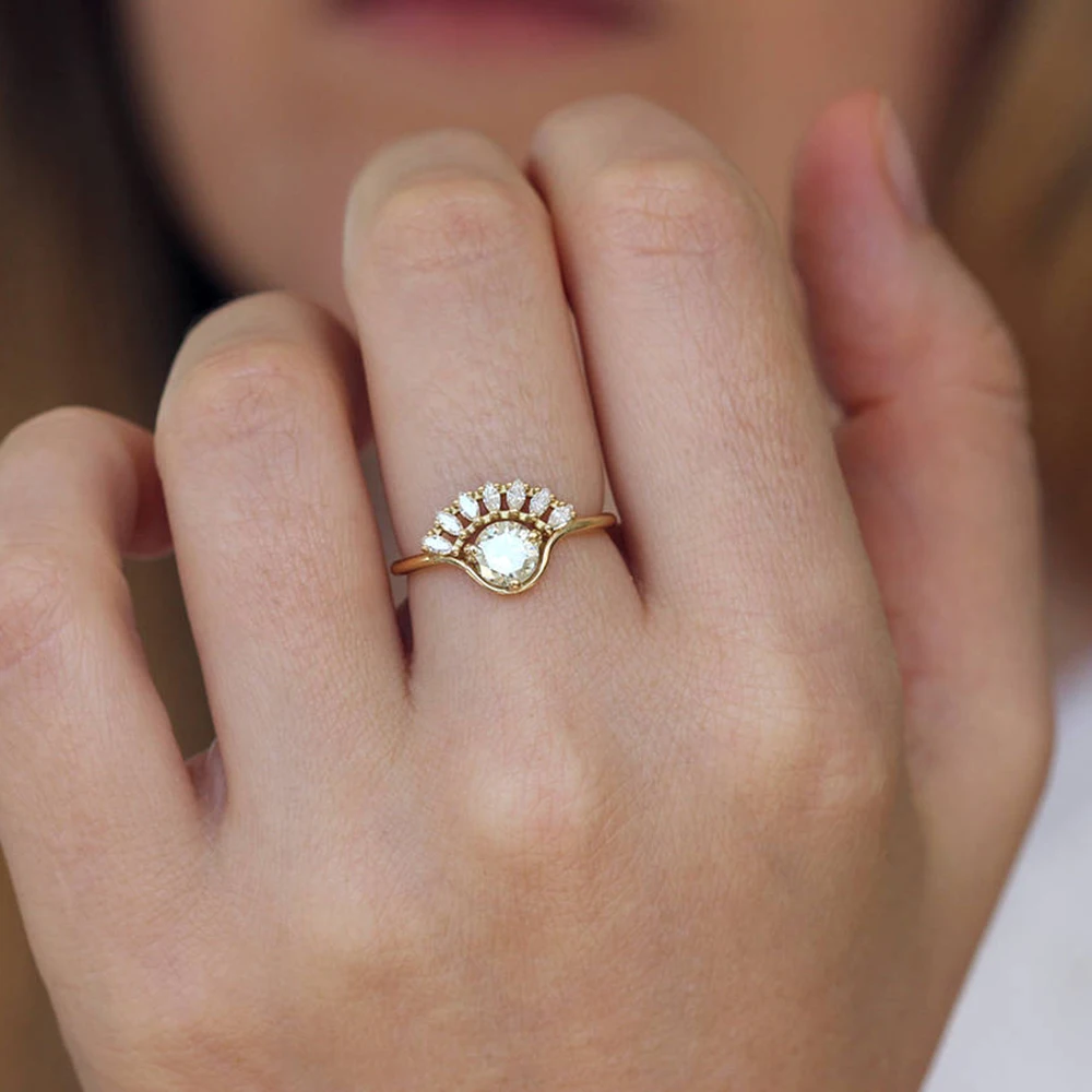 Marquise and Round Moissanite 1ctw lab Diamond Solitaire Обручальное кольцо для свадьбы Твердое 14K желтое