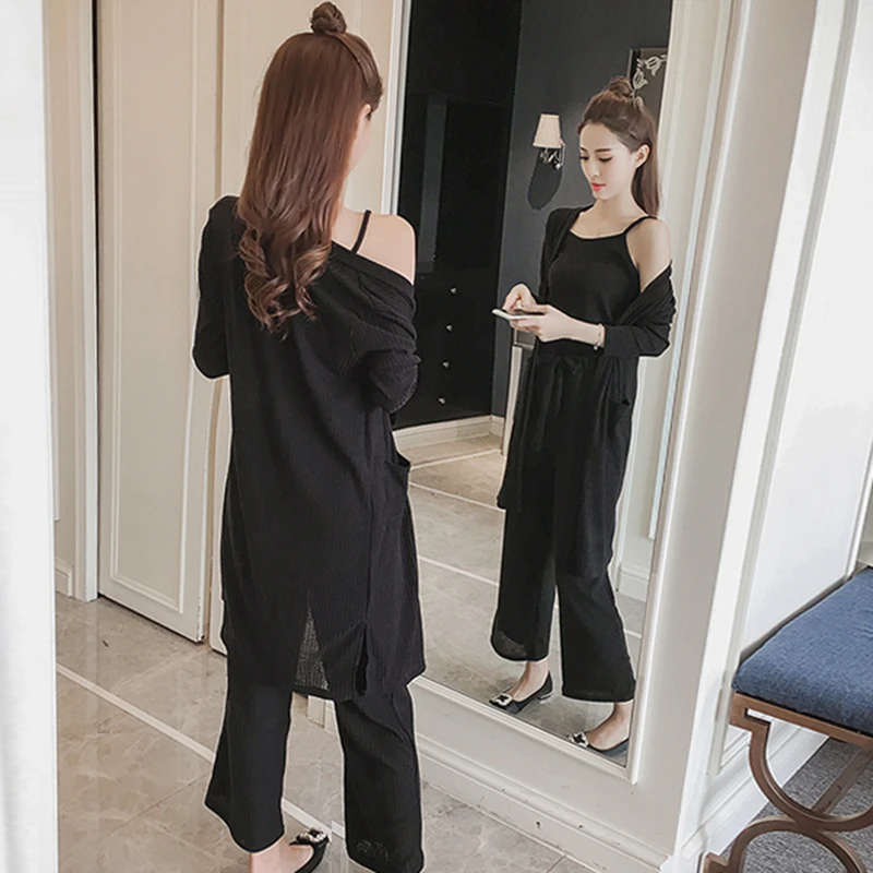 New Spring Summer Three pieces Set Women's Long sleeved Cardigan + Knitted Camisole Wide Leg pants Female Suit Clothing CY276 | Женская