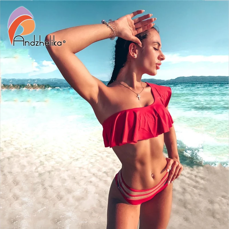 Andzelika bikini женский купальник бикини. Топ на одно плече с рюшами и