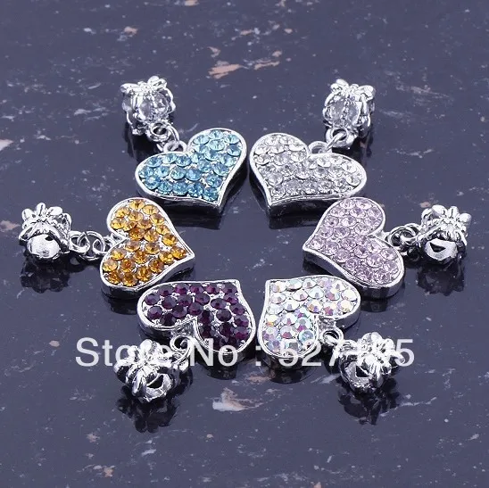 

50pcs Plated Silver / Mix-Color Rhinestone Crystal Heart Pendant European Charm Dangle Beads & For Bracelet