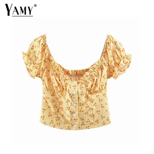 Женские летние топы, блузки, желтый горошек, укороченный топ, Сексуальная Блузка с пышными рукавами, женская рубашка, топ с оборками, уличная одежда