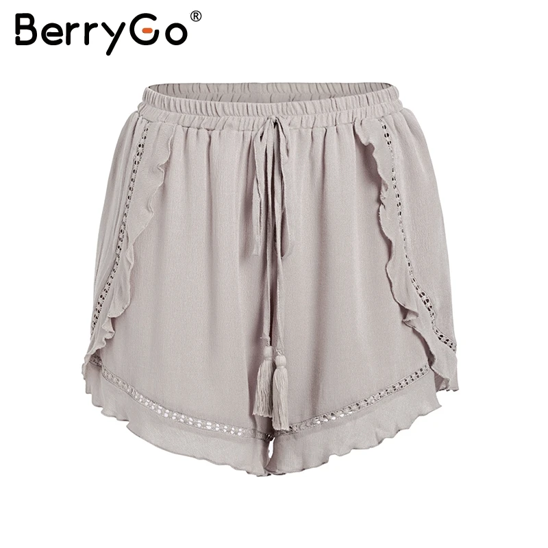 Khaki BerryGo весенние мини-шорты с кисточками и оборками, женские шорты с цветочным принтом в стиле бохо, юбки, летние кружевные шорты с эластичной талией для женщин, новинка - Цвет: Khaki