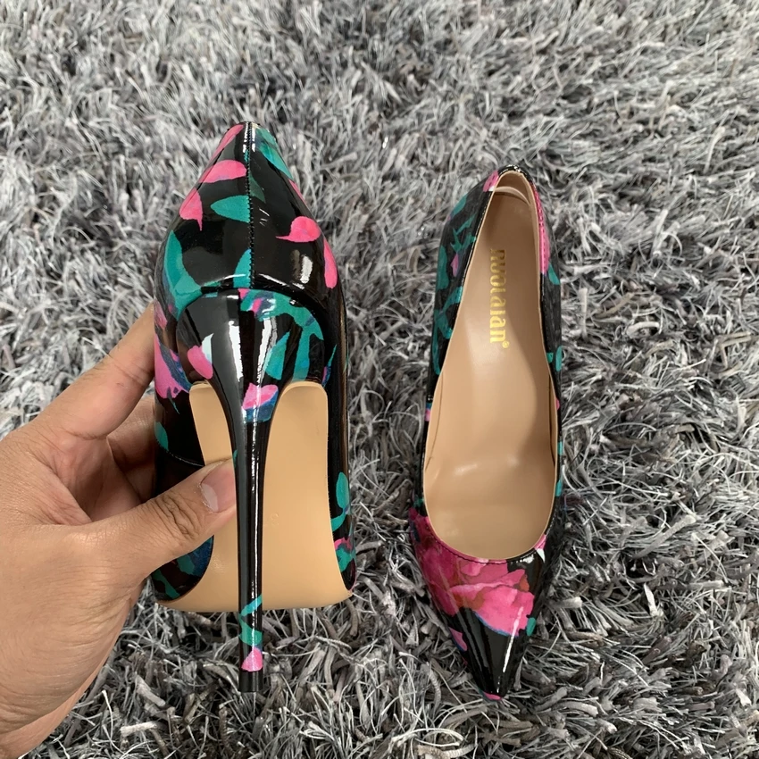 Женская обувь из лакированной кожи с цветочным принтом пикантные туфли-лодочки