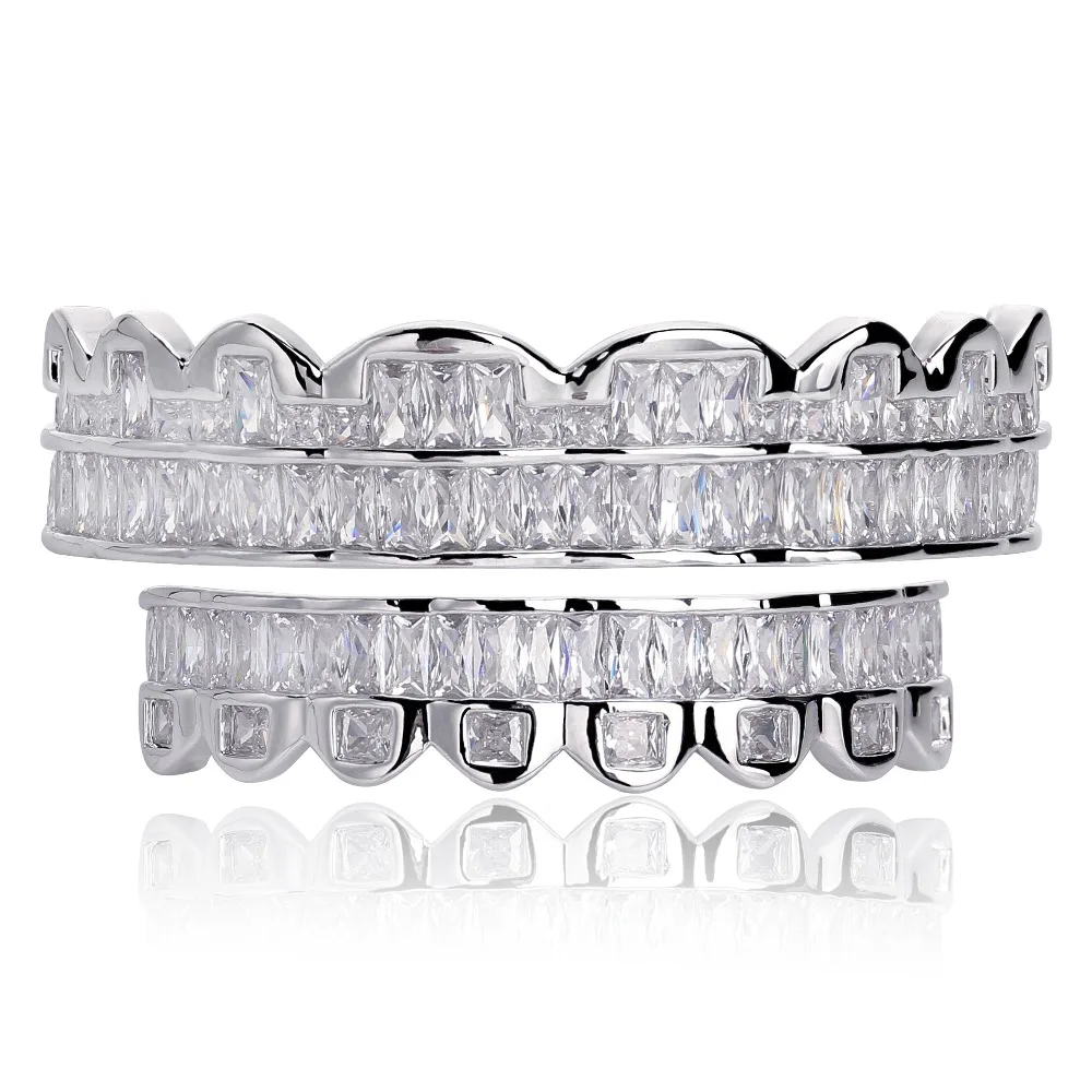 New Baguette Set Teeth Grillz Top & Bottom Silver Color Grills Dental Mouth Hip Hop Fashion Jewelry Rapper Jewelry Gift