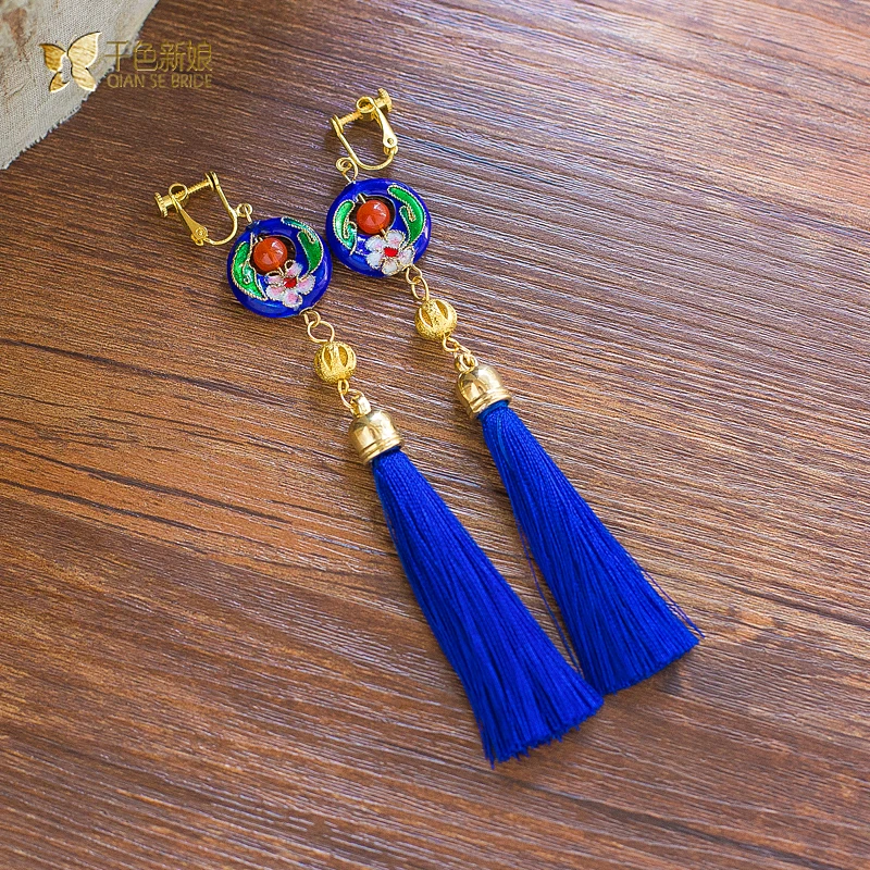 Long women earrings tassel gorgeous chinese style clip earring wedding party pendant girl festival decoration qx025 | Украшения и
