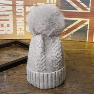 Women Light Grey Модные новые помпоны из лисьего меха и норки, 15 см, Skullies Beanies, шапки для женщин и детей, зимние однотонные шерстяные теплые шапки Skullies Beanies - Цвет: Women Light Grey