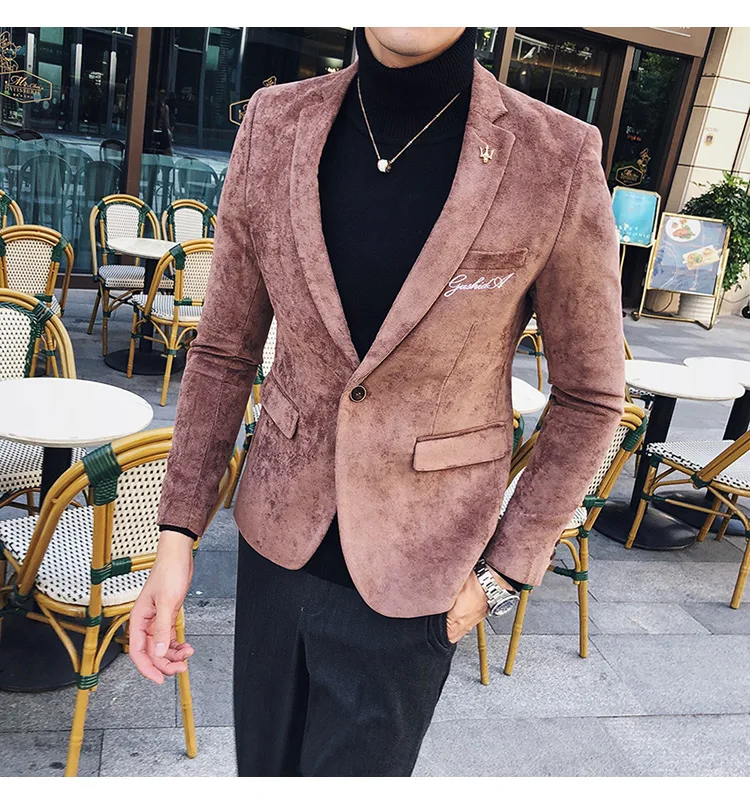 Мужской Блейзер, пиджак, золотая вышивка, Terno Masculino, корейский мужской блейзер, вельветовый Блейзер, Мужской приталенный, зеленый, хаки, серый