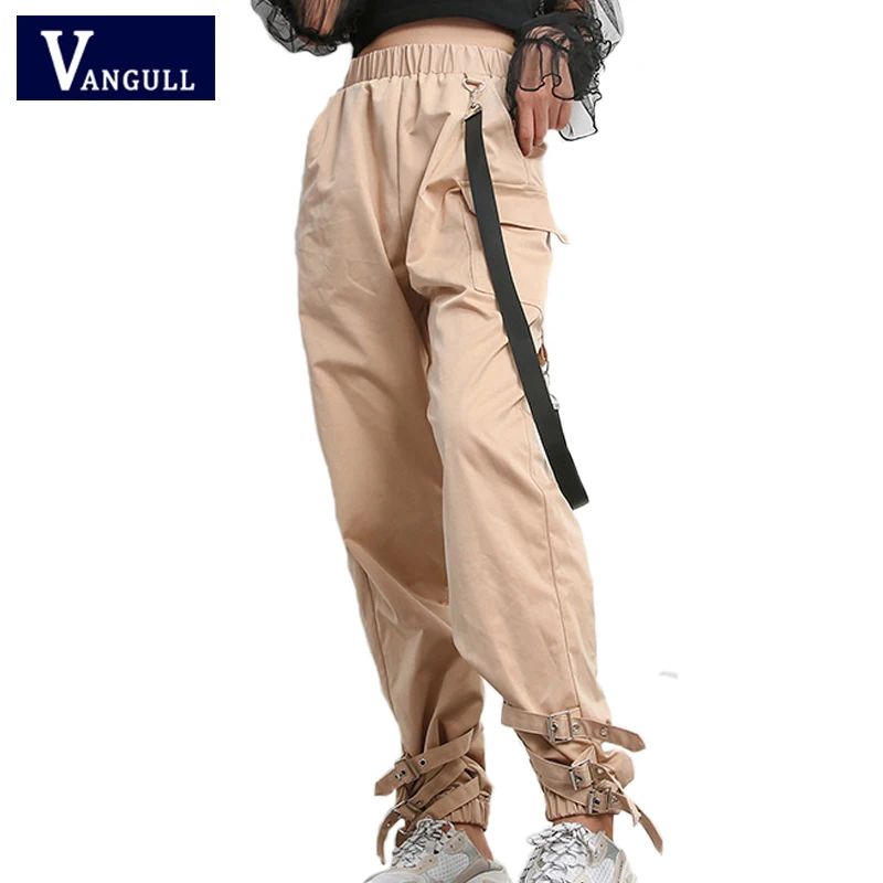 

Vangull Women Streetwear Casual Cargo Pants Fashion Capris Elastic Band High Waist Joggers Hip Hop Buckle Solid Long Trousers