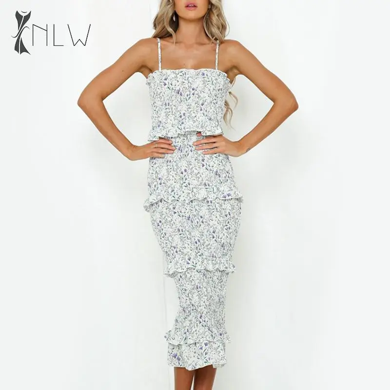 NLW Bodycon Ruffle летние миди платья элегантные Boho Платья с цветочным принтом женские 2019