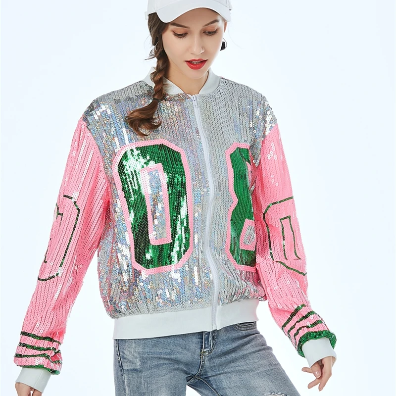 Женская Повседневная куртка с блестками 08 цифр серебристая розовая зеленая
