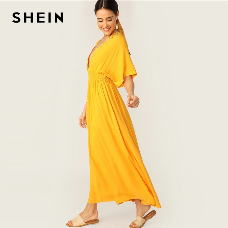 SHEIN Женские Летние Платья С Кружевами И V-Образным Вырезом И отделкой Яркое Летнее Макси Платье