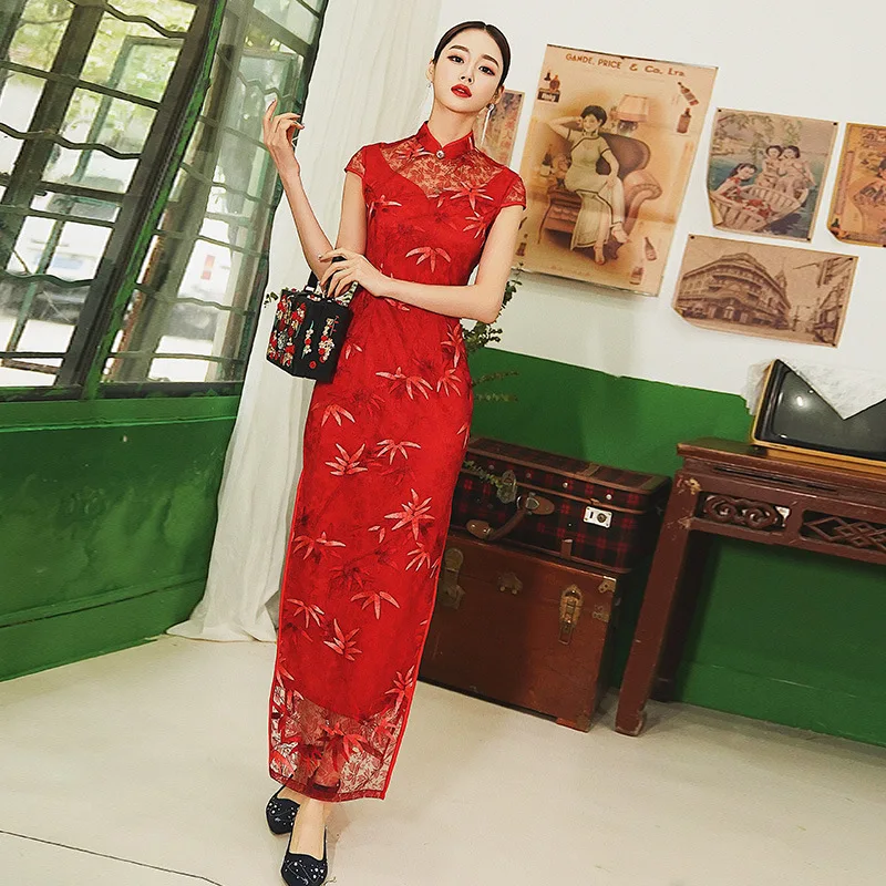Традиционная китайская Свадебная вечеринка невесты красное кружево Cheongsam qipao