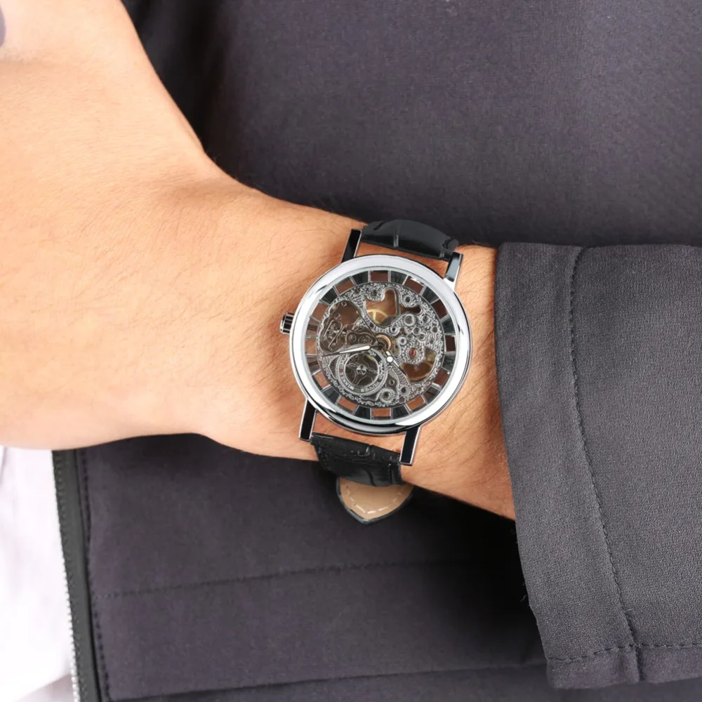 

Mens Watch Hand Wind Mechanical Watches Leisure Leather Band Skeleton Roman Numbers Top Brand Clock Male reloj hombre zegarek