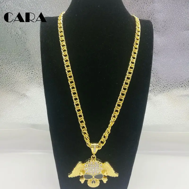 CARA новинка шикарные Стразы пиратский череп крылья кулон и ожерелье золотой цвет