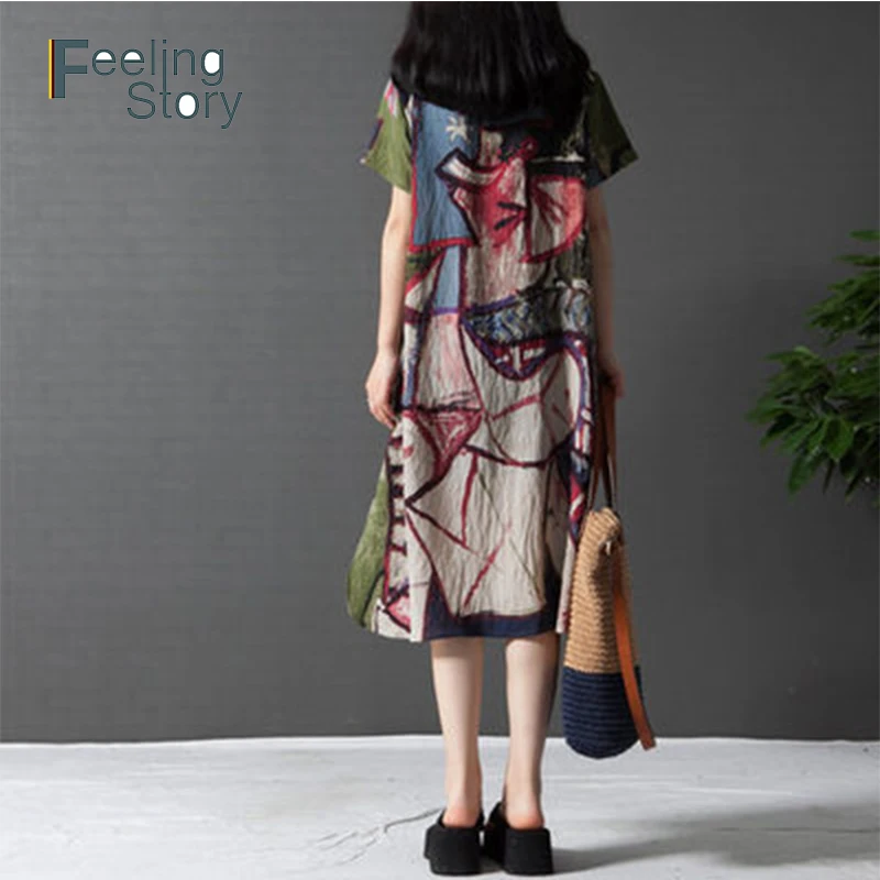 Женское свободное льняное платье Boho летнее повседневное пляжное с коротким