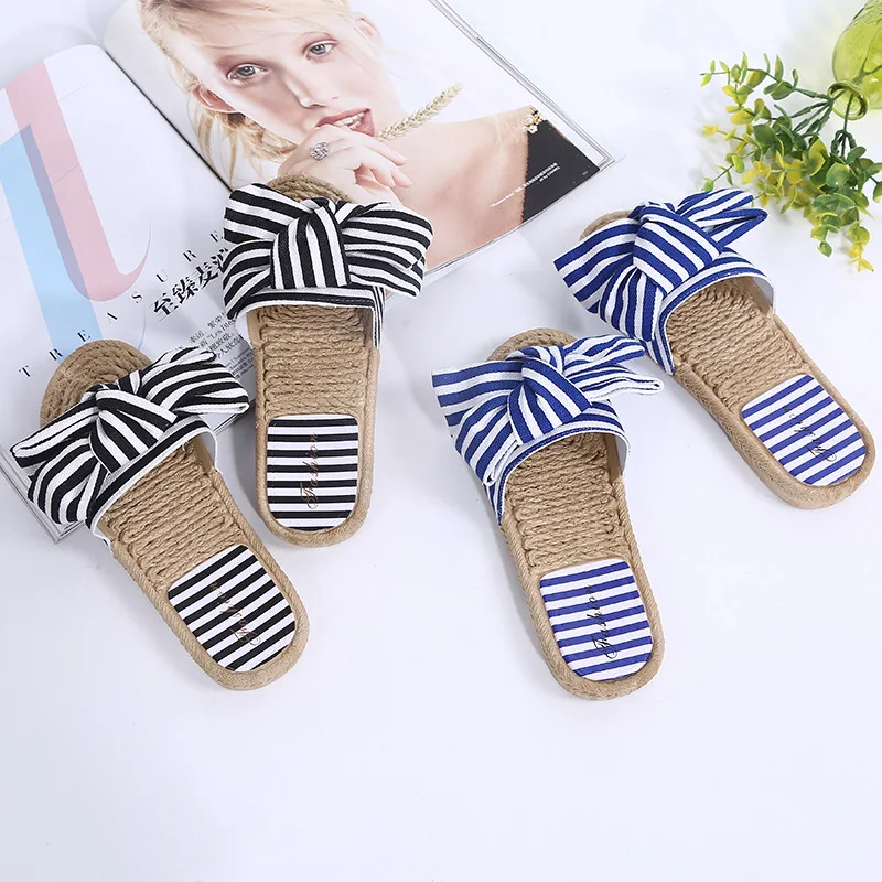 Butterfly-knot Striped Summer Flat Slides Women Open Toe Outside Slippers Leisure Ladies Shoes | Обувь