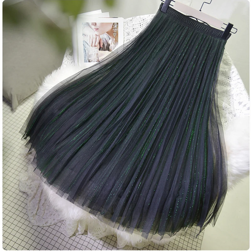 Green Women's 3 Layer Bright Tulle Skirt Ladies Korean High Waist Shining Tutu Skirt Pleated Mesh Midi Skirts Faldas Autumn - Цвет: Green