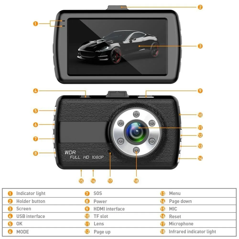 Двойная Автомобильная камера DVR 1080P Автомобильный рекордер 3 дюйма 150 градусов 6 Led