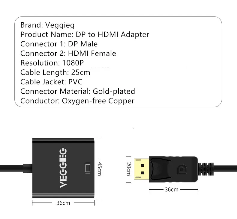 Display port to HDMI Adapter Veggieg DP 1080p display конвертер для ПК проектор ноутбука DP-HDMI адаптер |