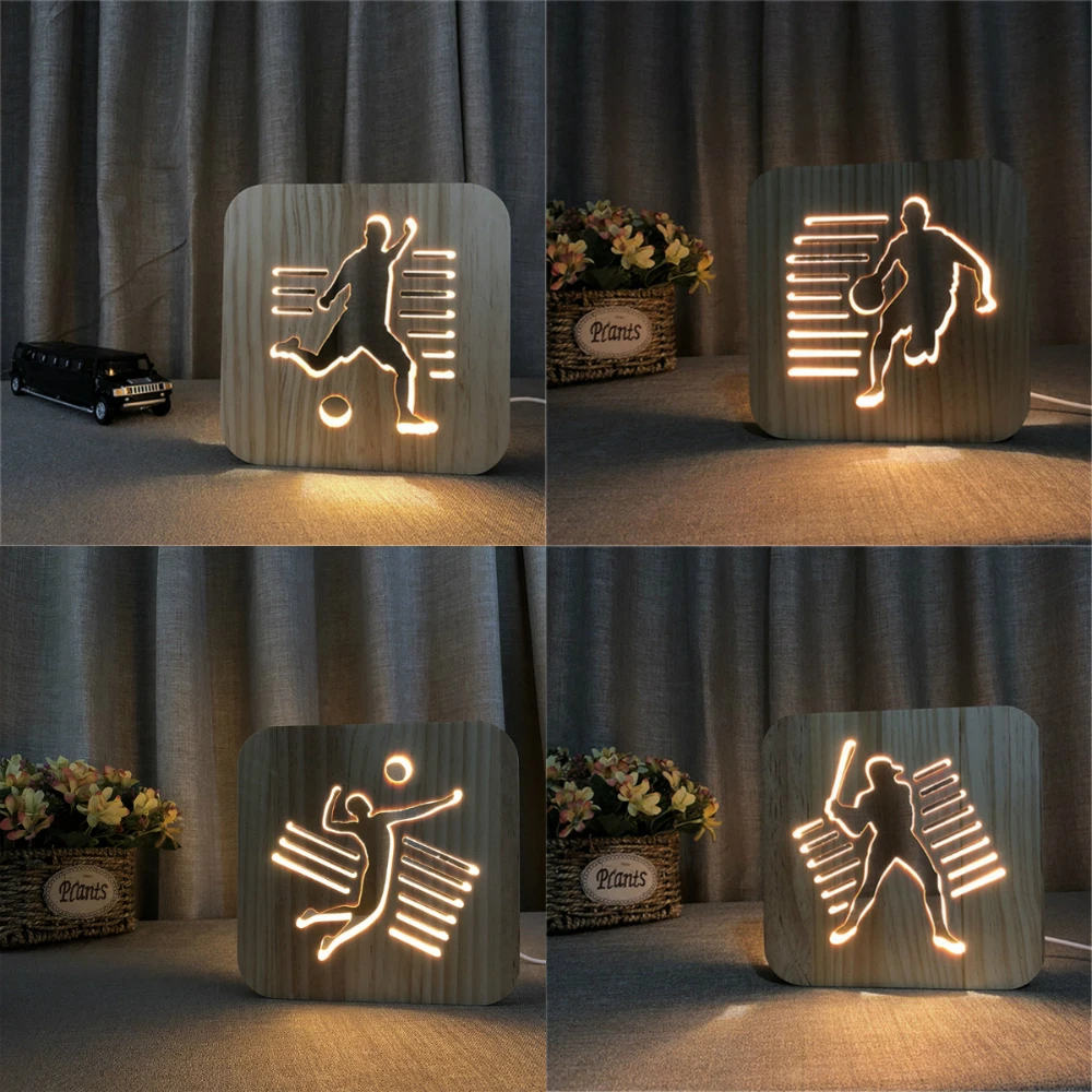 Деревянные спортивные 3D Ночной светильник DIY Настроить лампа Футбол Баскетбол