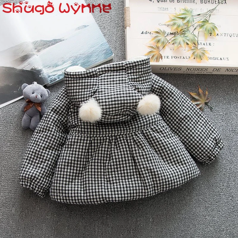 Зимние теплые куртки в клетку с капюшоном и милым медведем из плотного флиса для