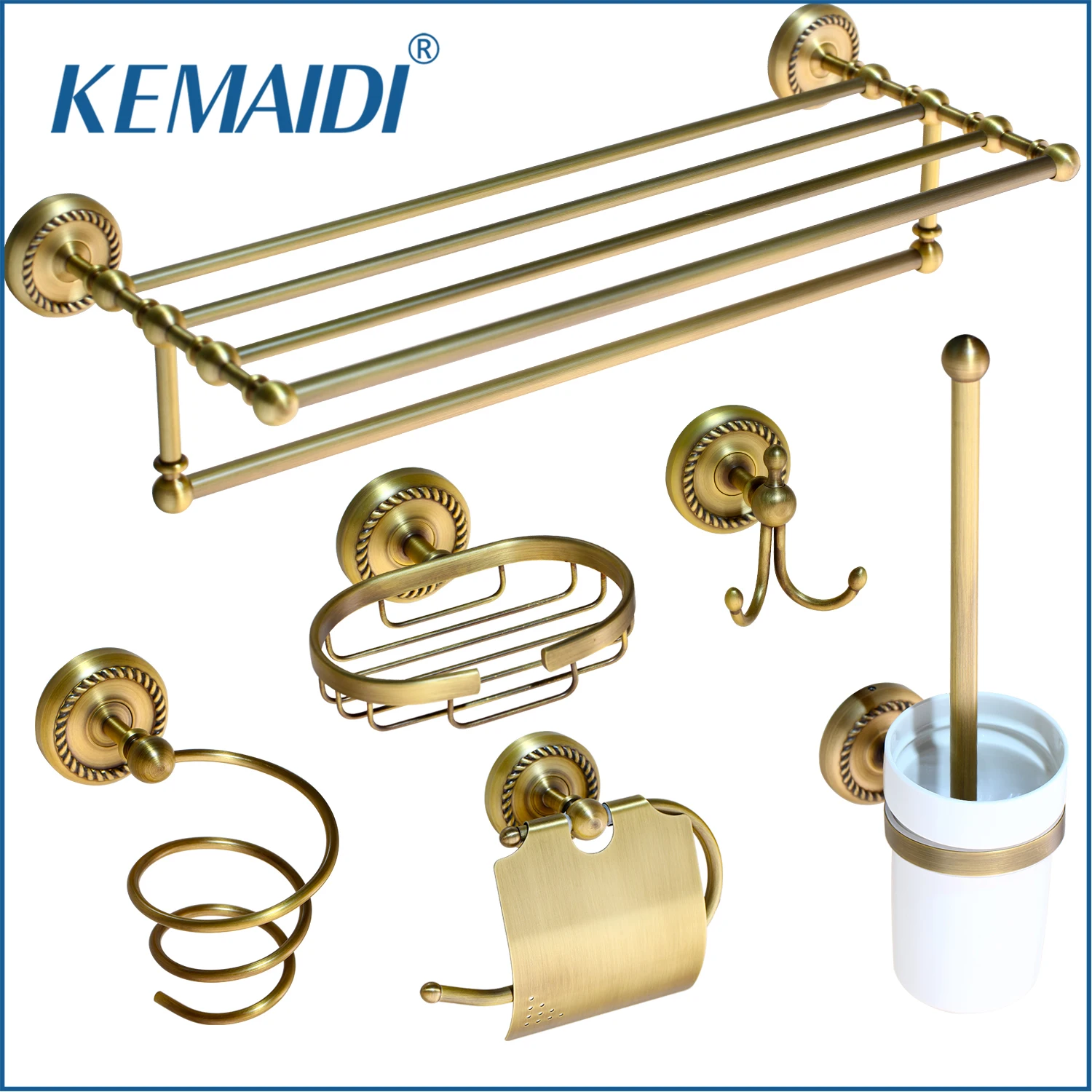 KEMAIDI Antique Brass Bathroom Accessories paper Holder Toilet Brush Rack Commodity Basket Shelf Soap Dish Robe Hook Hair Dryer