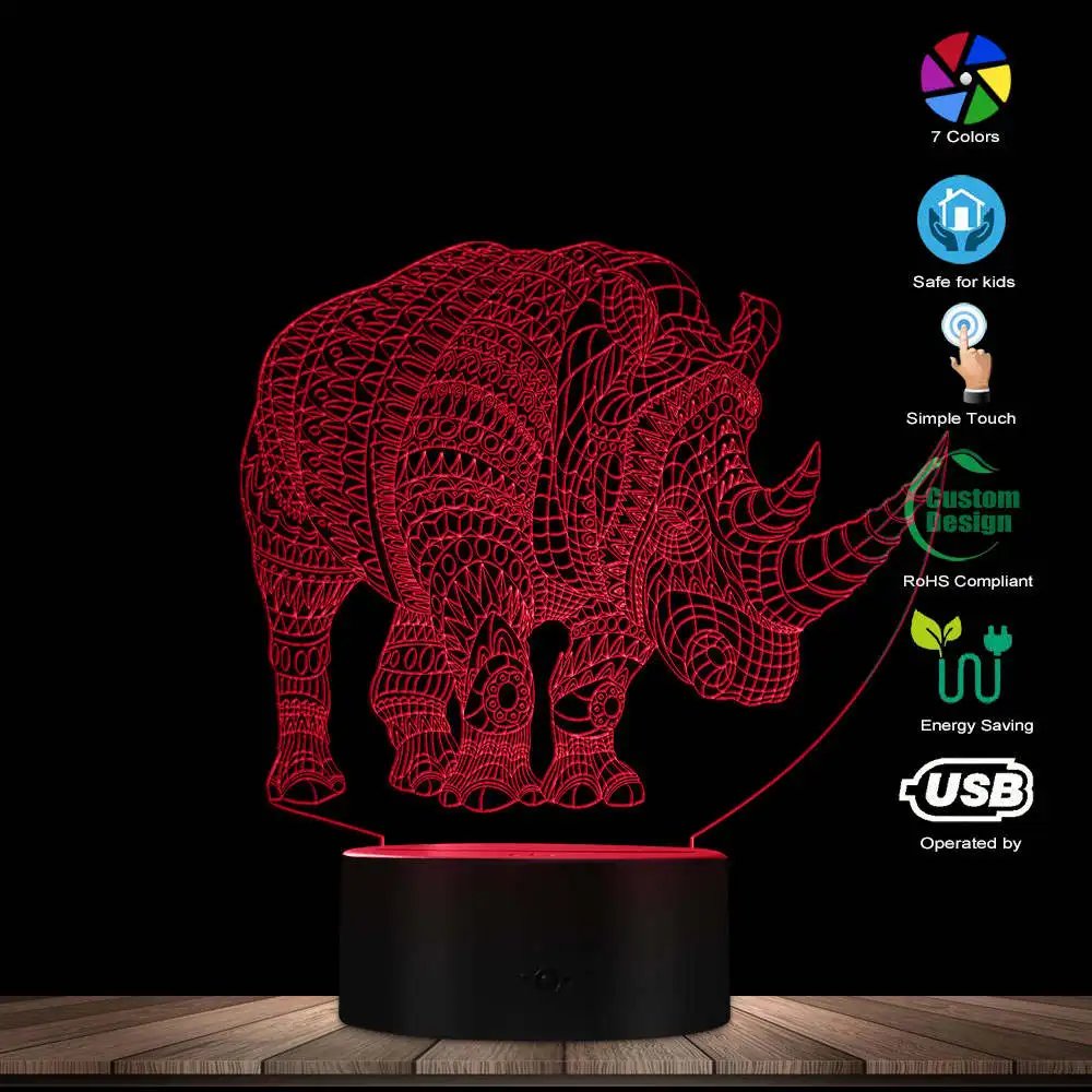 Rhinocero 3D многоцветная светодиодная лампа с животным дизайном Оптическая иллюзия