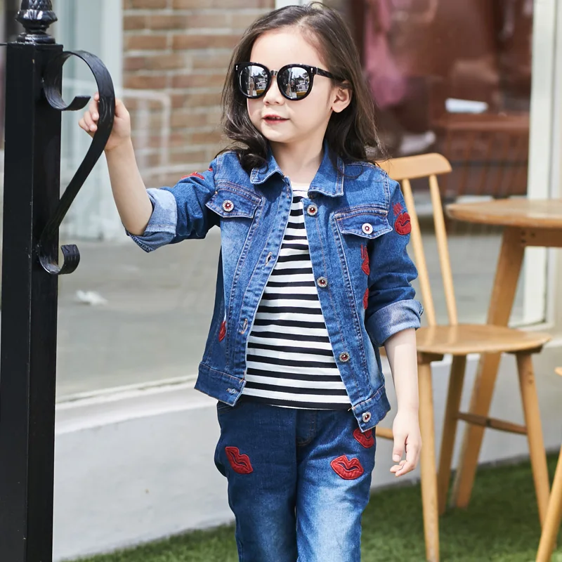 2019 Kids Girl Clothes Outfits Red kiss Sleeve denim Jacket Tops +Denim Jeans Pants Spring Autumn 2pcs set 4 5 6 7 8 9 10 years | Детская