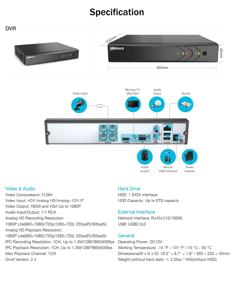ANNKE 4CH 1080P охранная видео CCTV система 5в1 1080N H.264+ DVR с 4X HD TVI Смарт ИК Пуля Всепогодная камера наблюдения