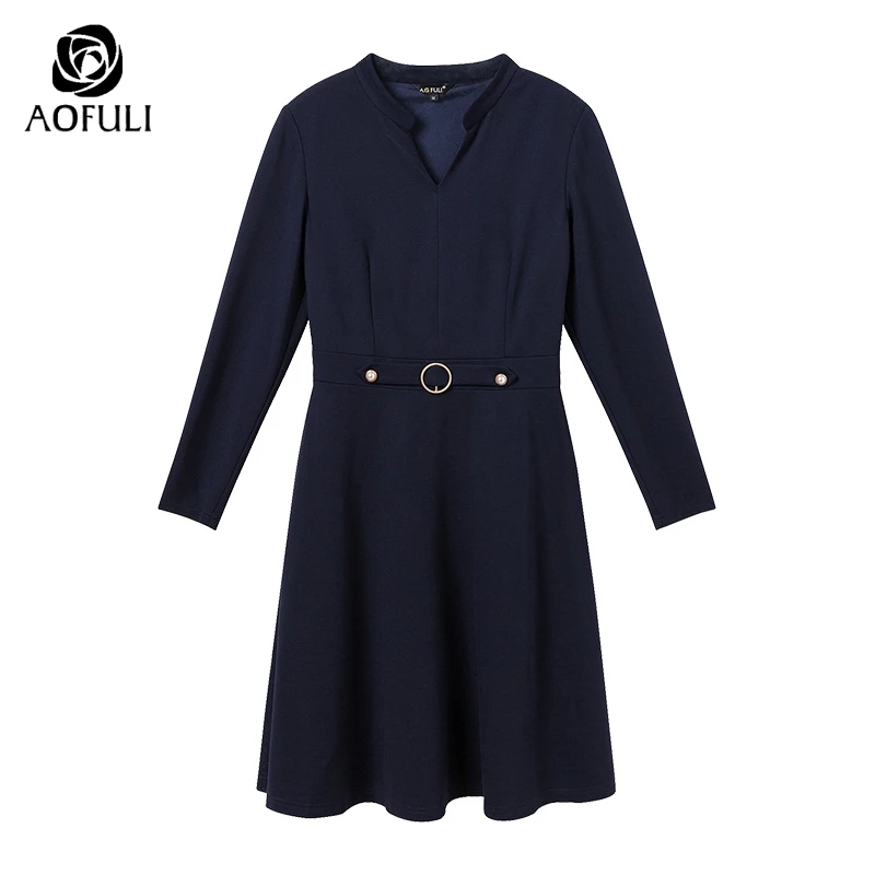 AOFULI M/L/XL/XXL Женское зимнее платье большого размера синее тонкое с длинным рукавом