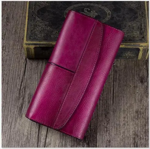 Фиолетовый Vintage Designer Genuine Leather Women's Clutch Purse Cow Skin Blackish Green Female Large Trifold Wallet Lady Long Card Wallet - Цвет: Фиолетовый