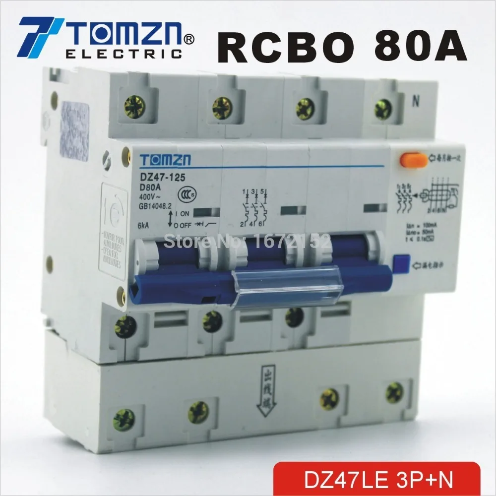 Автоматический выключатель DZ47LE 3P + N 80A D type 400V ~ 50 HZ/60 HZ с защитой от перегрузки по