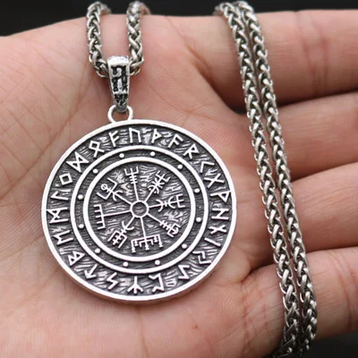 С латунным покрытием DropshippingViking исландский Vegvisir шлем ужас в руническом круге кулон Vegvisir Viking компас Рунический амулет колье ожерелье - Окраска металла: С латунным покрытием