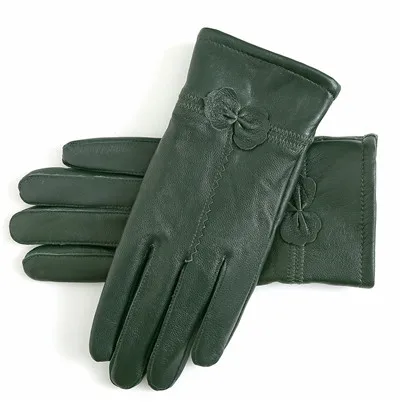 G044 Army green YRRETY новые модные женские теплые перчатки из натуральной овчины, женские кожаные теплые перчатки с кружевным бантом и искусственным кроличьим мехом - Цвет: G044 Army green