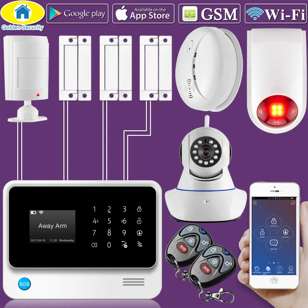 Золотой безопасности G90B Plus WiFi GSM 2G домашняя система охранной сигнализации беспроводной проводной зоны датчик движения с водонепроницаемой стробоскоп сирена - Цвет: Белый